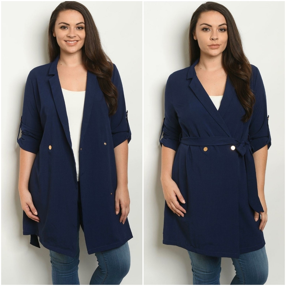 SHOP THE TRENDS Plus Size Navy Light Trench Coat - Picture 2 of 4